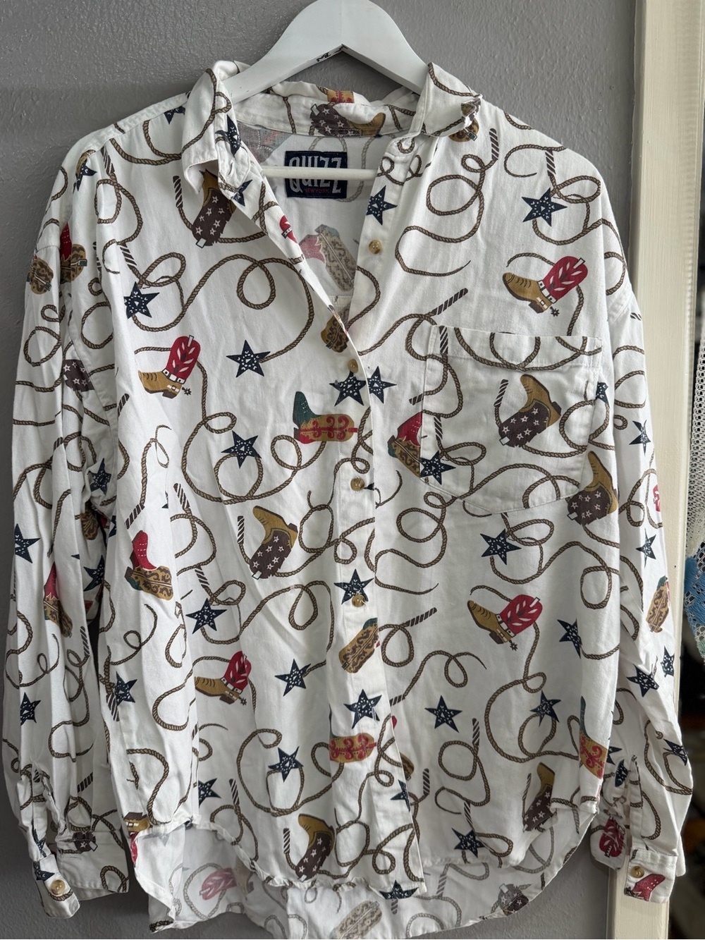 Quiltz White Western Print Button-Down Shirt - Multicolor Accents